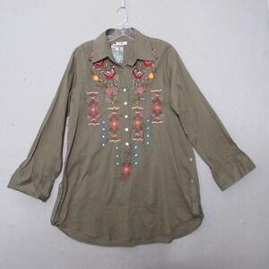 Kyla Seo Top Tunic Small Green Floral Embroidered Boho Cotton USA‎ Festival NWT